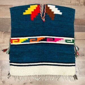 Vintage Aztec Blanket Poncho Blue Multicolor With Tassels One Size